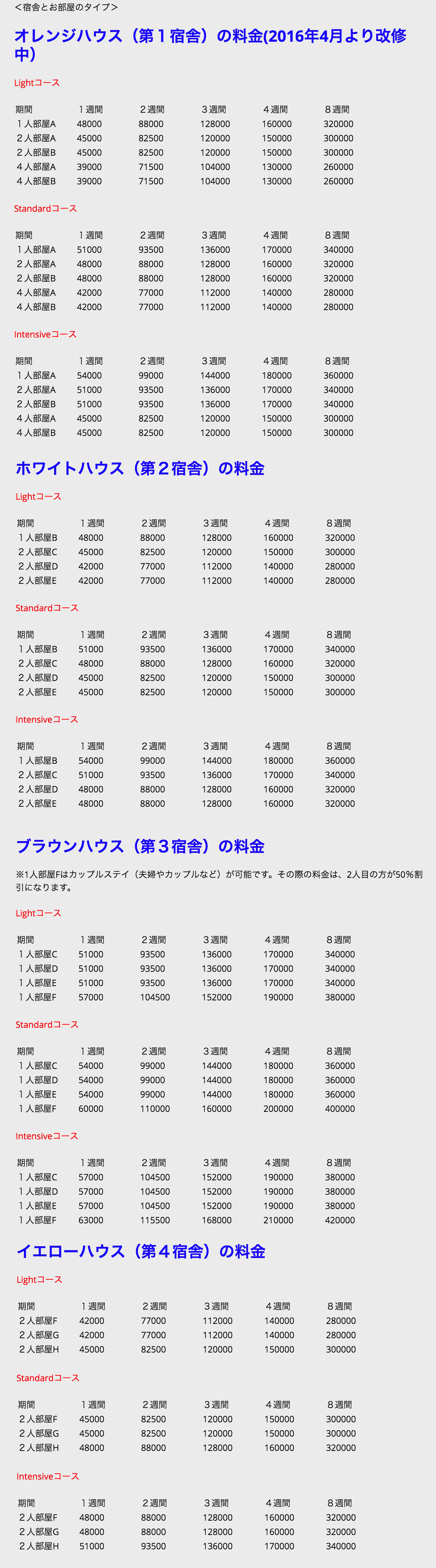 Face to Face 料金表1