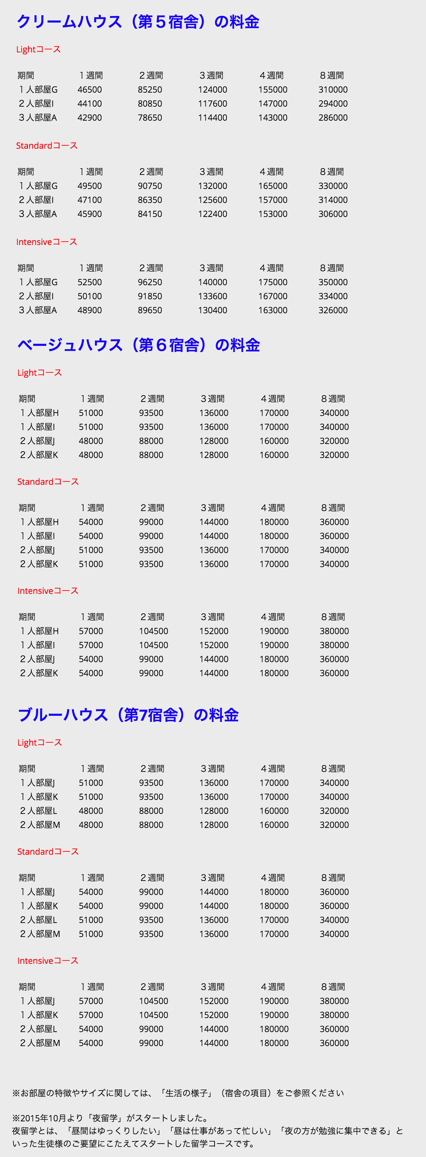 Face to Face 料金表2
